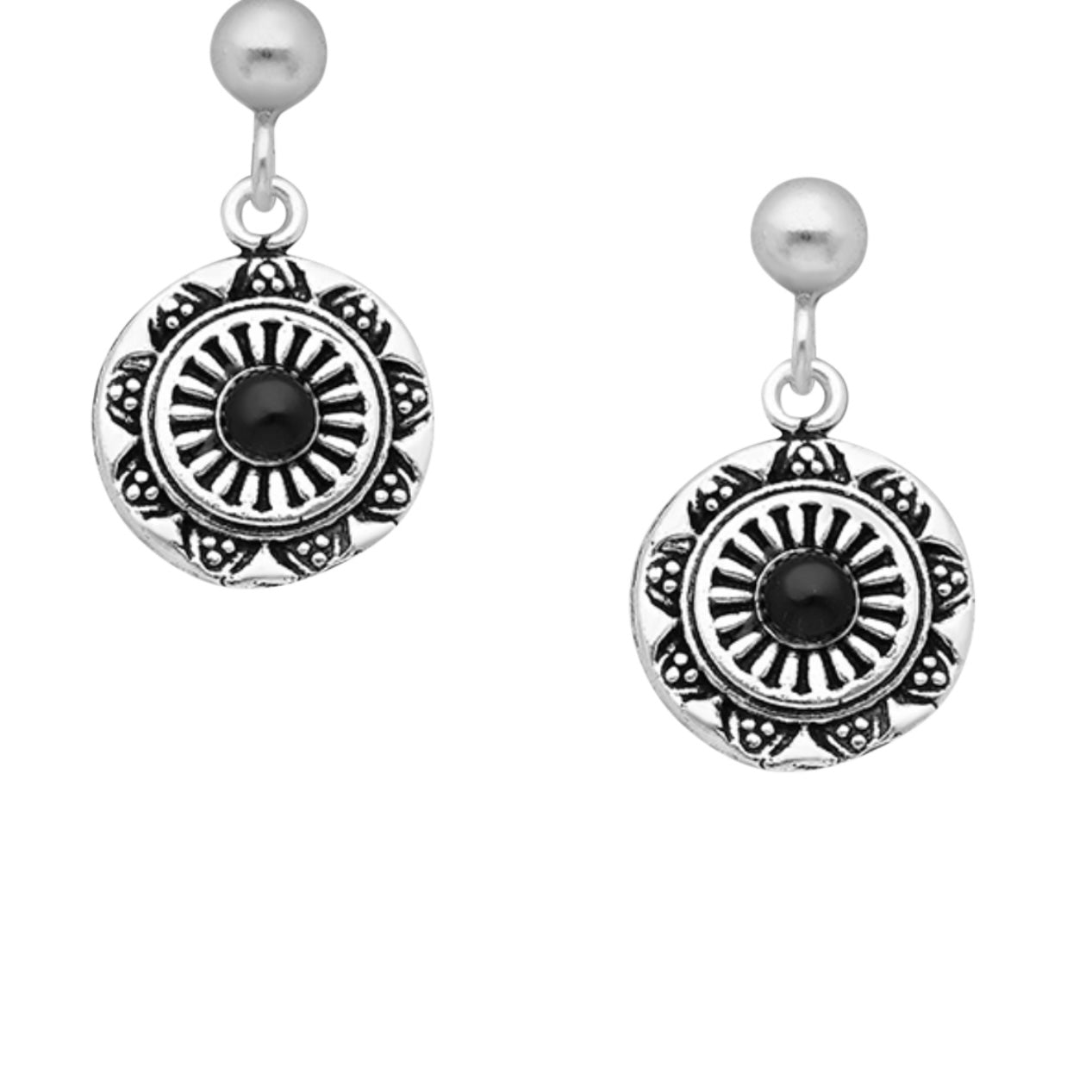 Sterling Silver Hoop or Stud Earrings, with decorative circle disc drop with stone centre Comes in Turquoise or Black