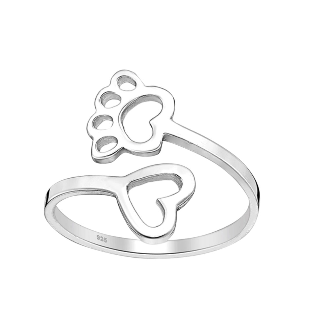 Sterling Silver Paw Print and Heart Adjustable Ring. .