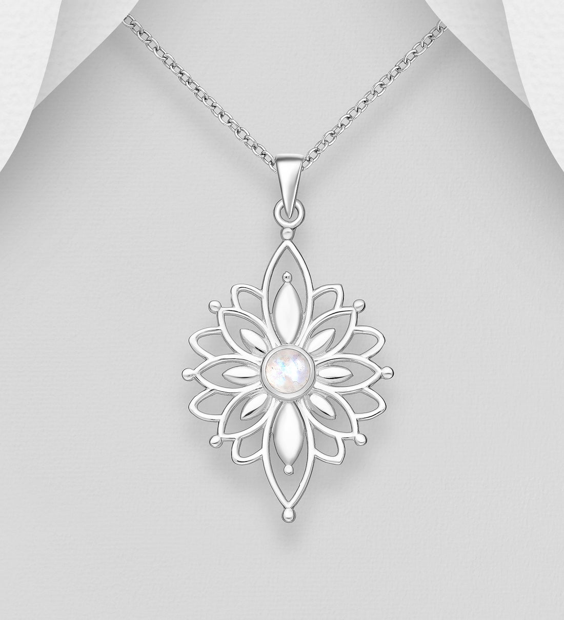 A 925 sterling silver pendant necklace featuring a floral design with a central moonstone, displayed on a mannequin.
