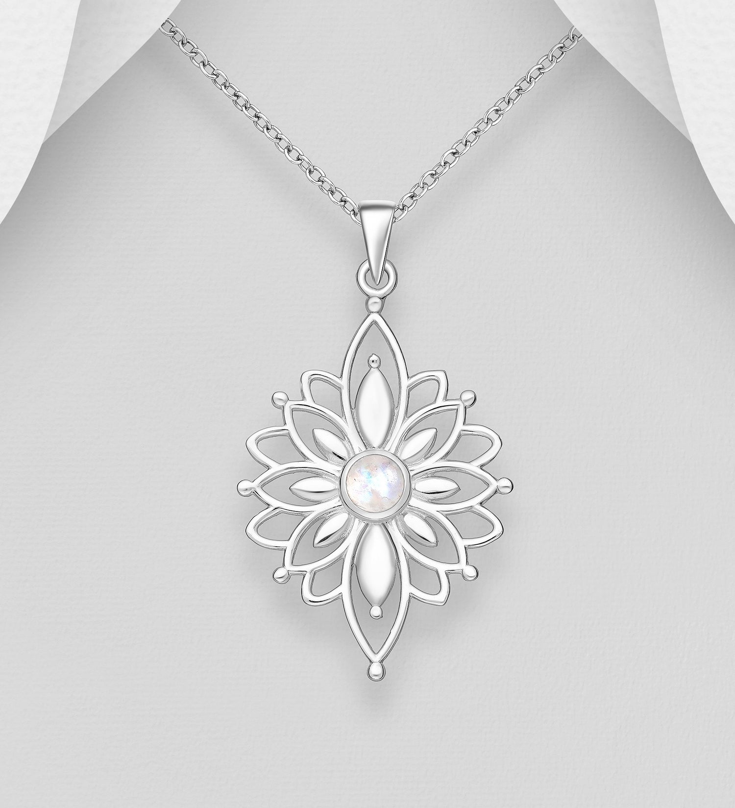 A 925 sterling silver pendant necklace featuring a floral design with a central moonstone, displayed on a mannequin.