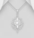 A 925 sterling silver pendant necklace featuring a floral design with a central moonstone, displayed on a mannequin.