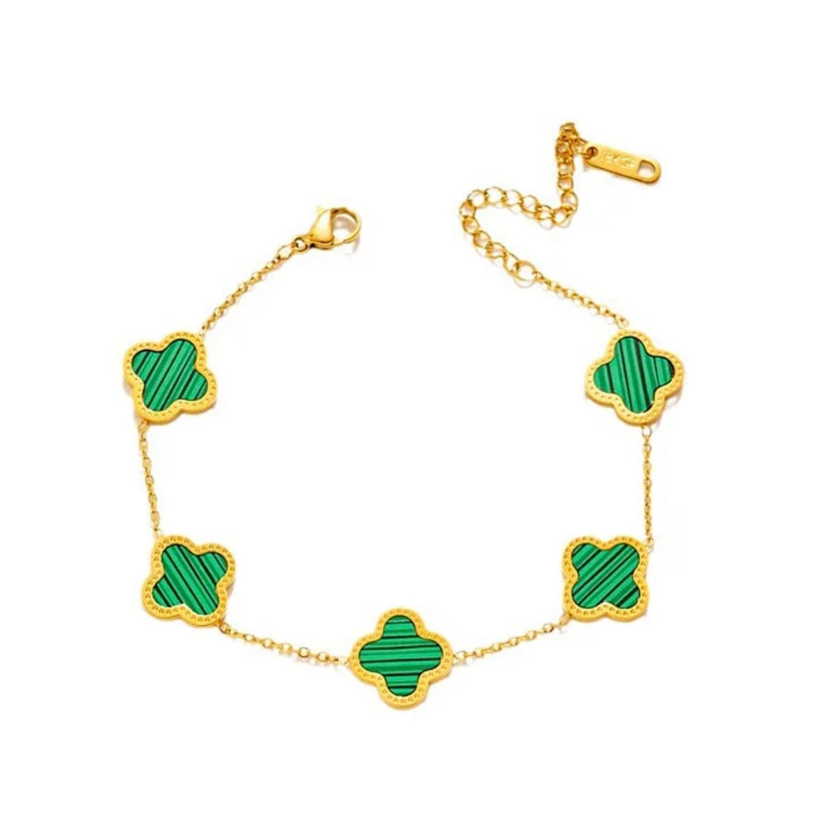 Gold bracelet with green clover-shaped charms on a white background