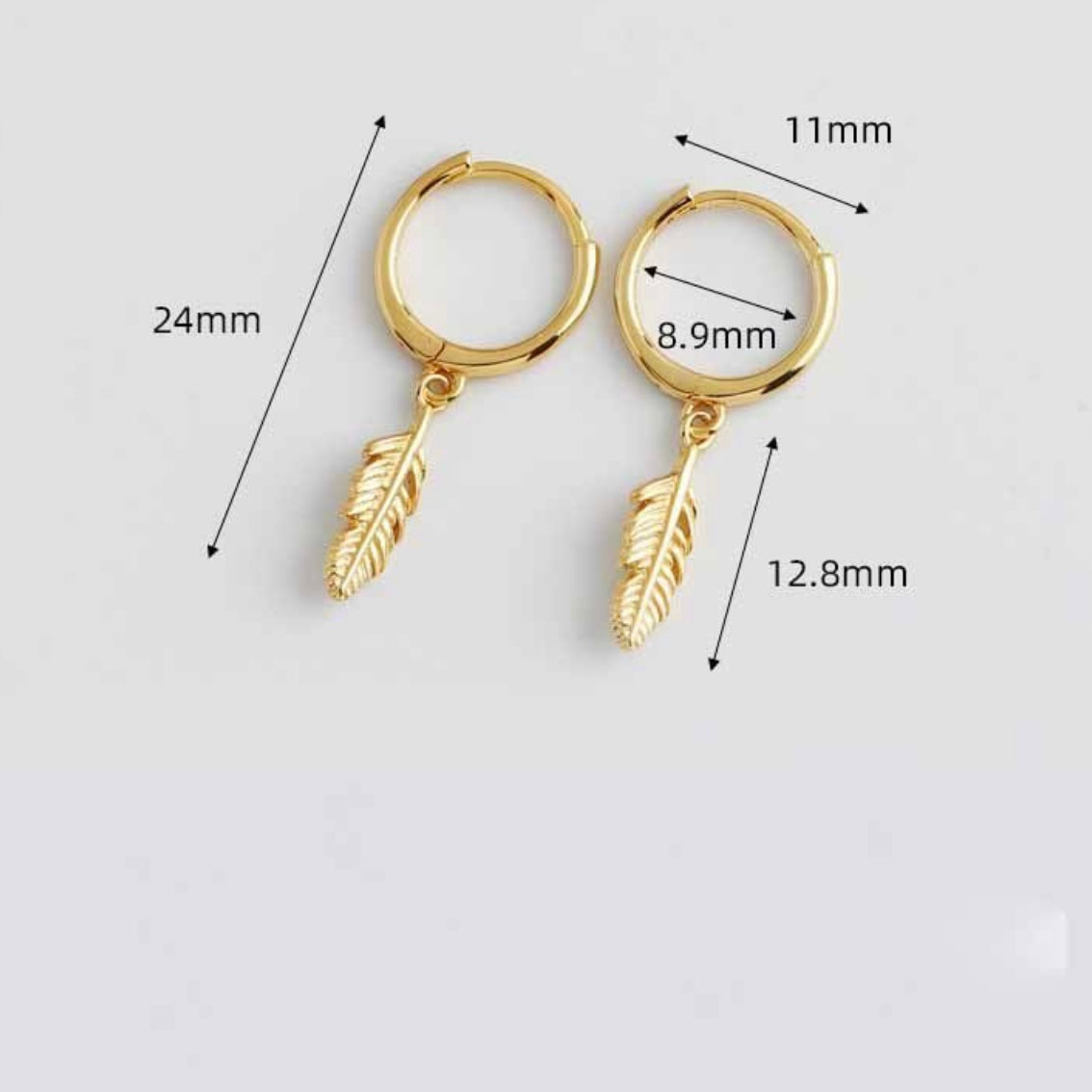 Small Hoop earrings with Feather drop charm