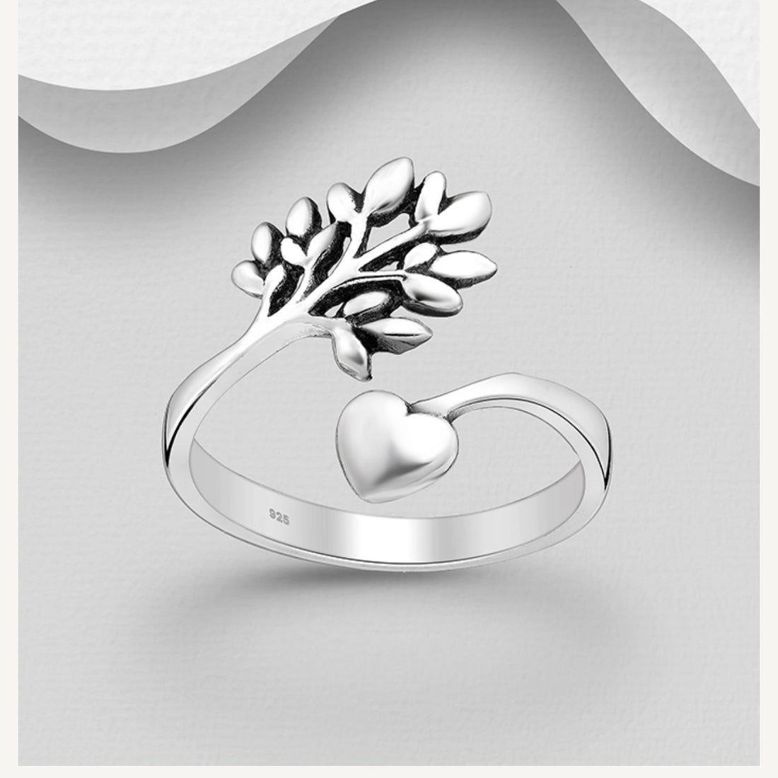 Tanya – 925 Sterling Silver Adjustable Tree of Life & Heart Statement Ring