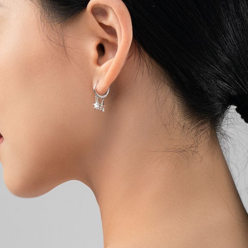 Alana – Sterling Silver Hoop Earrings with Double Star Crystal Drops | Bibie™