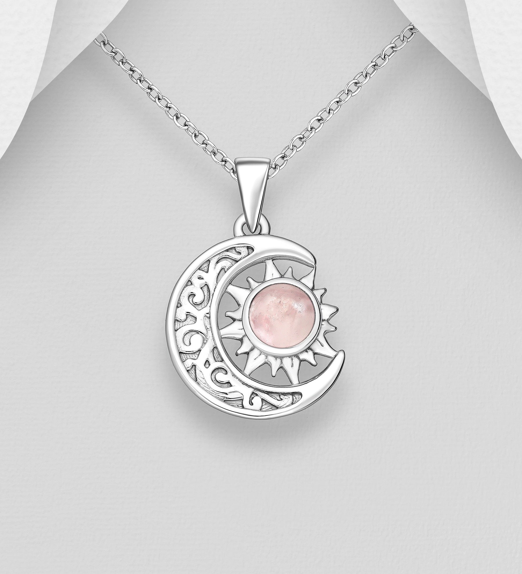 925 sterling silver moon and sun pendant front view