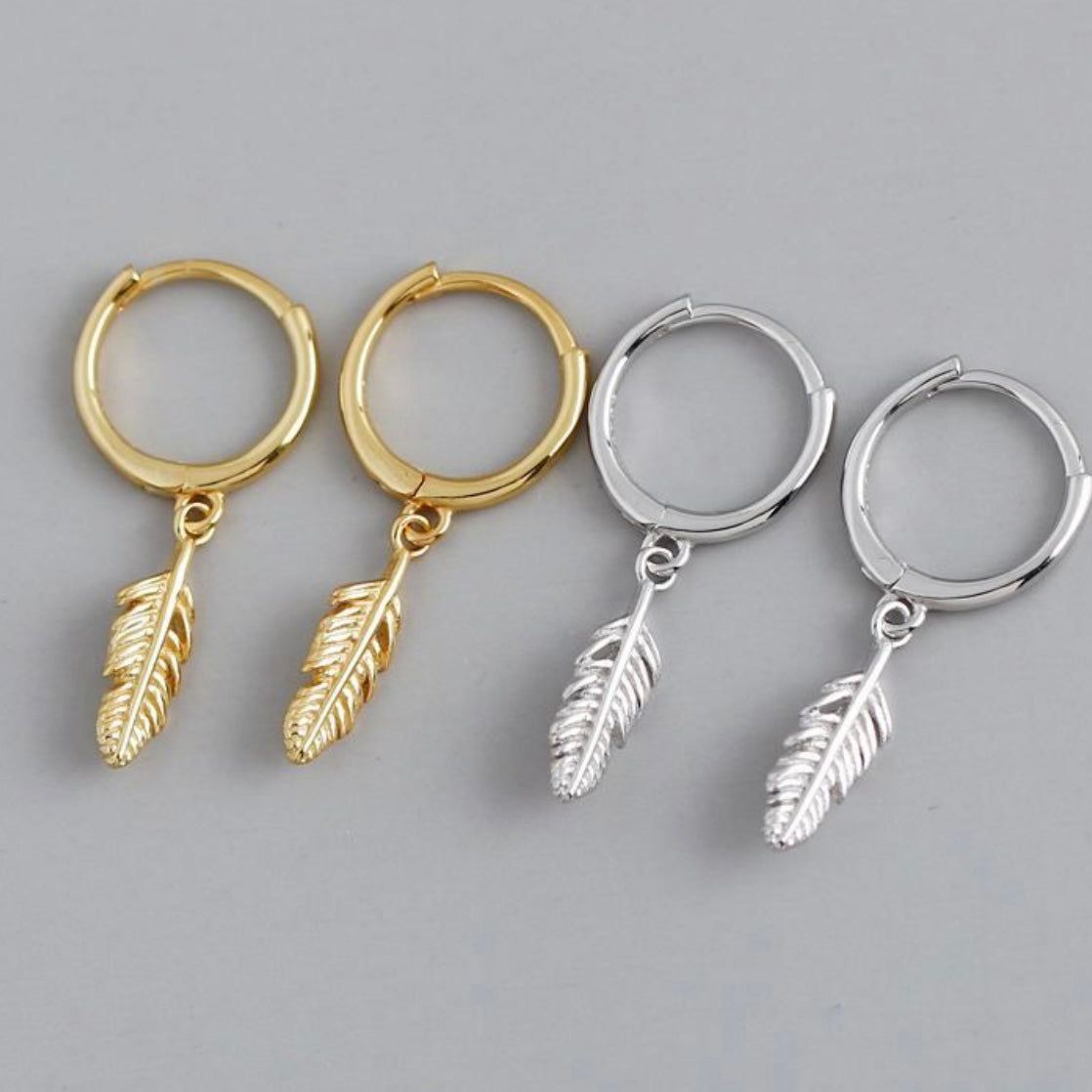 Belinda – Bibie™ Sterling Silver Feather Charm Huggie Hoop Earrings