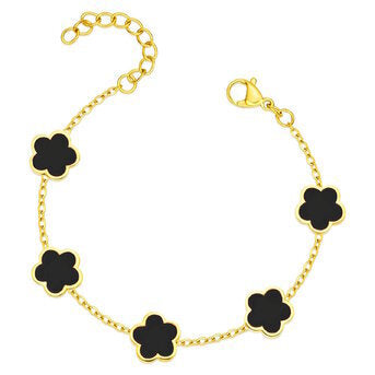 Gold bracelet with black flower-shaped charms on a white background