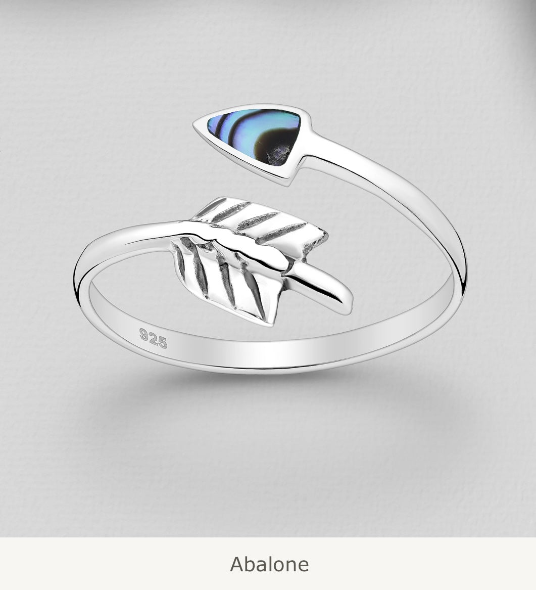 Tina – 925 Sterling Silver Adjustable Arrow Ring with Shell Inlay