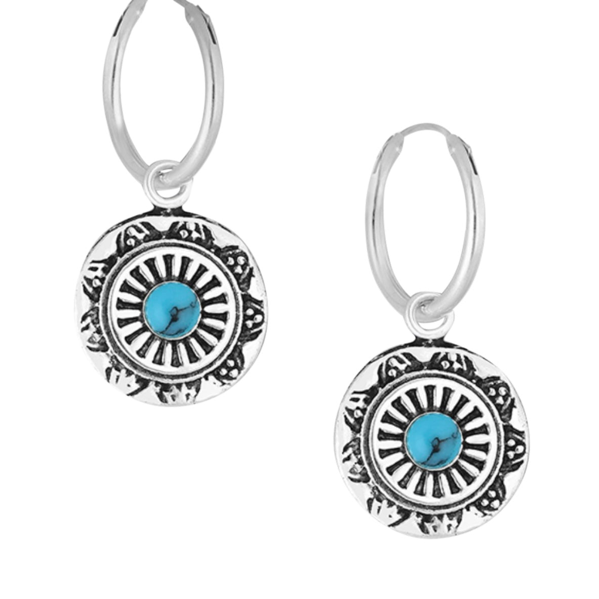 Sterling Silver Hoop or Stud Earrings, with decorative circle disc drop with stone centre Comes in Turquoise or Black