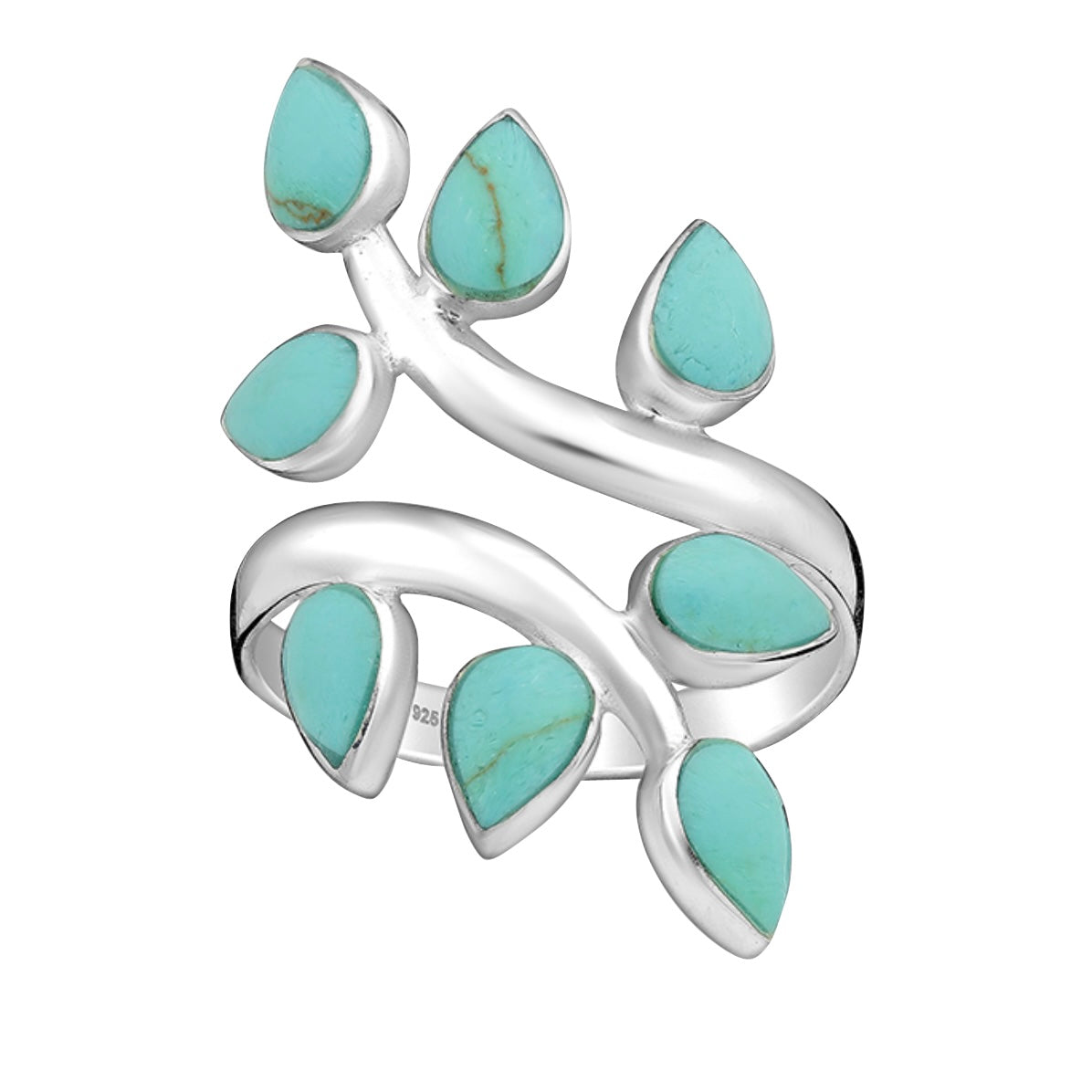 Anabel – Bibie™ Sterling Silver Adjustable Turquoise Leaf Wrap Ring