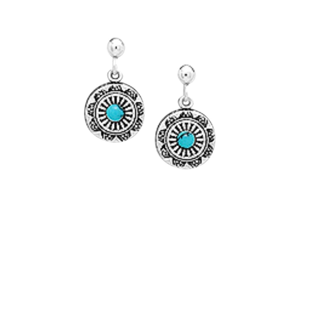 Sterling Silver Hoop or Stud Earrings, with decorative circle disc drop with stone centre   Comes in Turquoise or Black