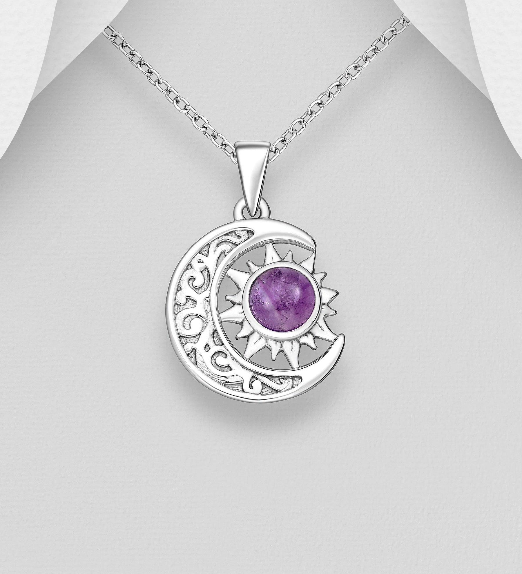 925 sterling silver moon and sun pendant front view