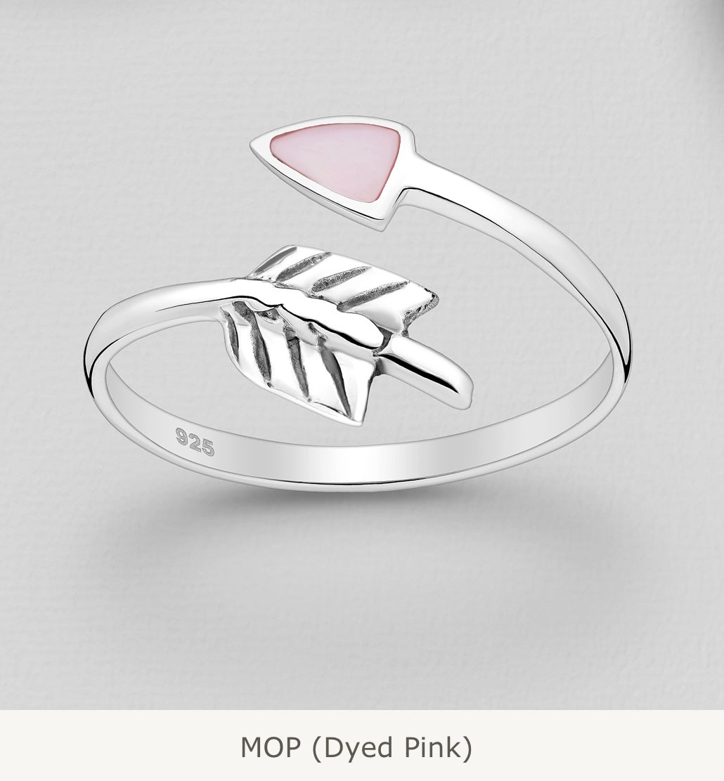 Tina – 925 Sterling Silver Adjustable Arrow Ring with Shell Inlay