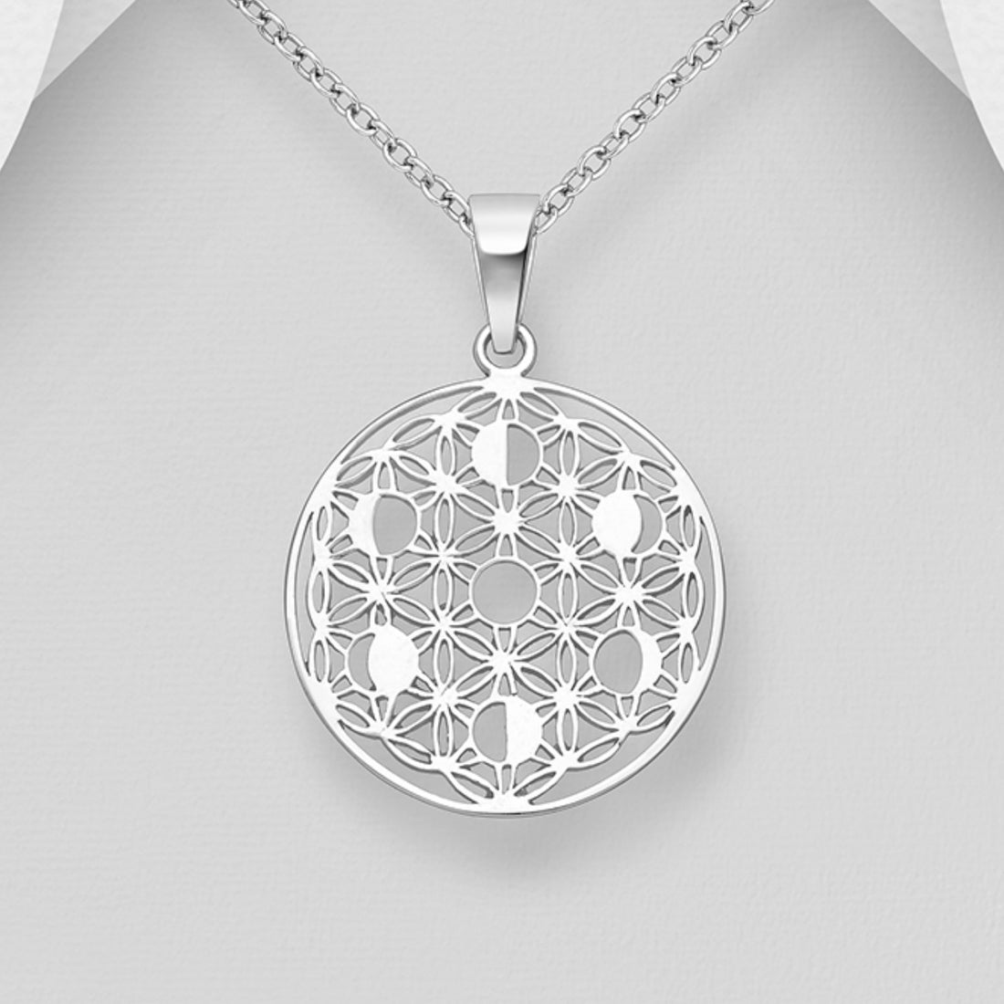 Deandra - Sterling Silver Flower of Life & Lunar Phases Pendant