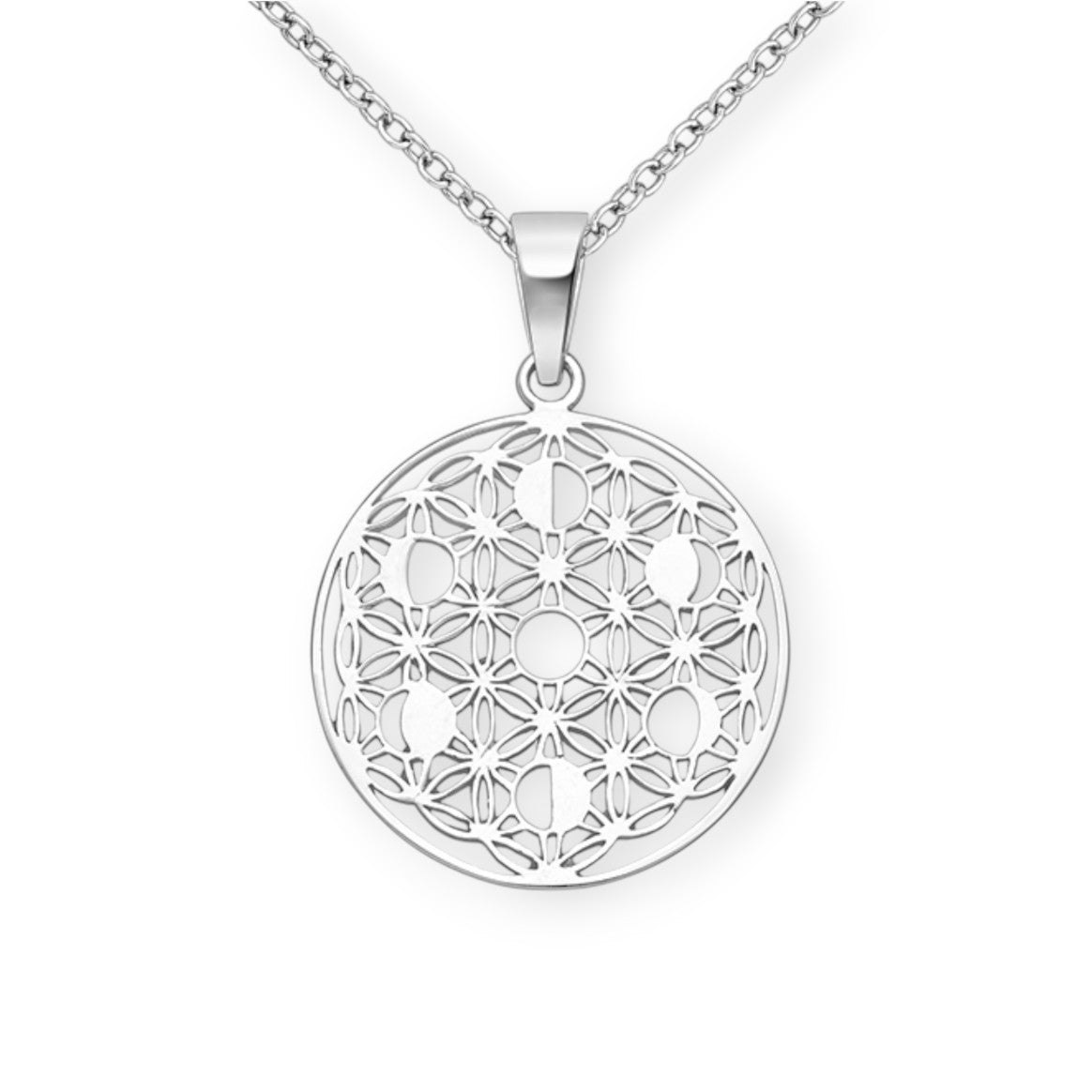 Deandra - Sterling Silver Flower of Life & Lunar Phases Pendant