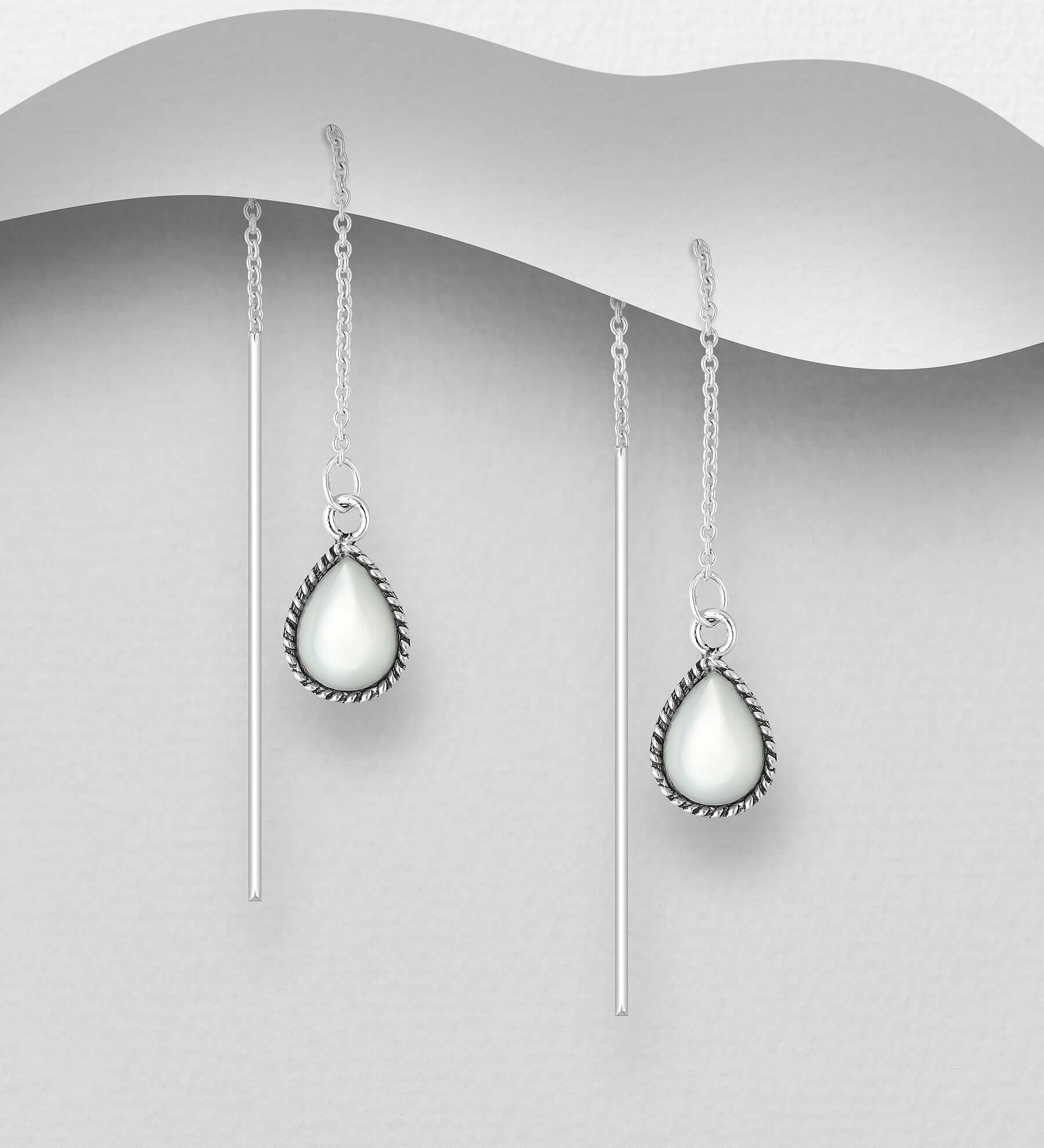 Ammandi – Sterling Silver Threader Earrings with Turquoise & MOP Droplets | Bibie™