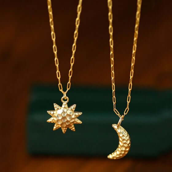 Jamie – Sterling Silver & Gold Vermeil Hammered Moon and Sun Pendant Necklace | Bibie™