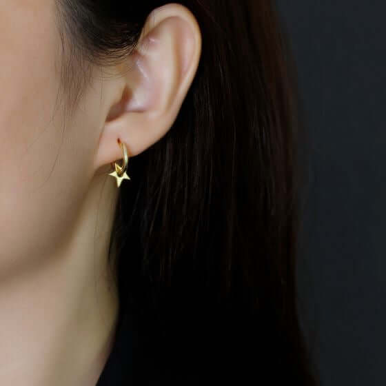 Sterling Silver Hoop Huggie Earrings with Star Charm
