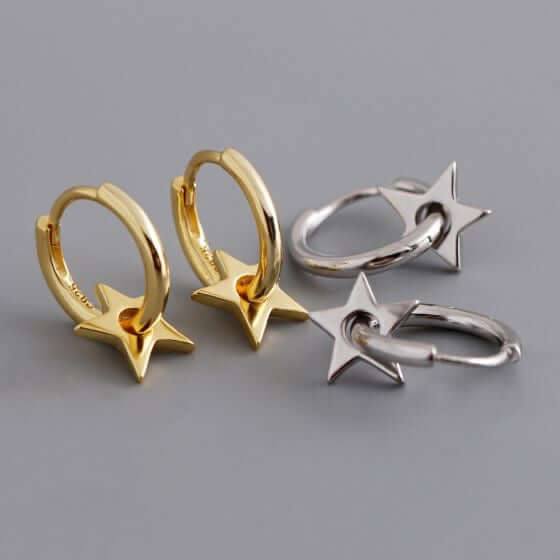 Sterling Silver Hoop Huggie Earrings with Star Charm