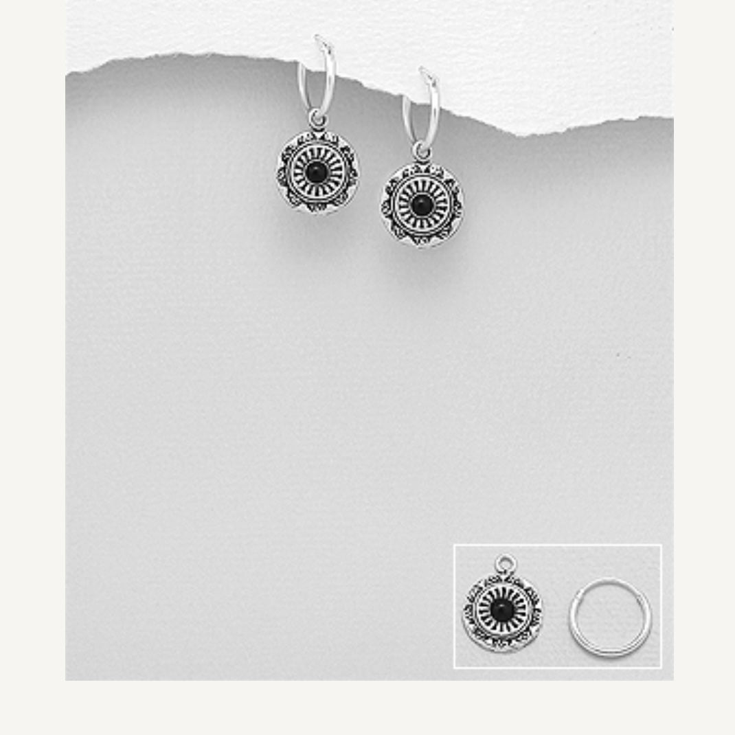 Sterling Silver Hoop or Stud Earrings, with decorative circle disc drop with stone centre Comes in Turquoise or Black