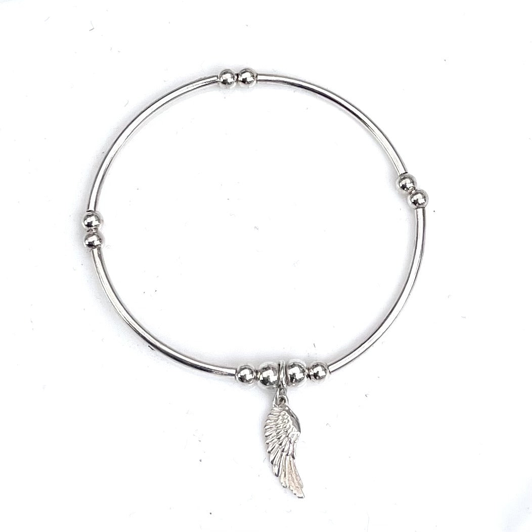 Olivia – Bibie™ Sterling Silver Noodle Bead Bracelet with Angel Wing Charm