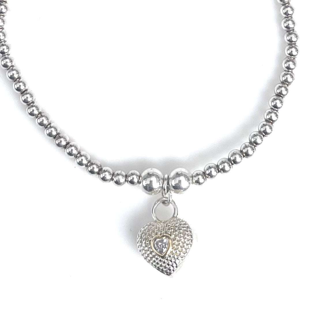 Zoey – Bibie™ Sterling Silver Beaded Bracelet with Textured Heart & Gold Inlay Charm