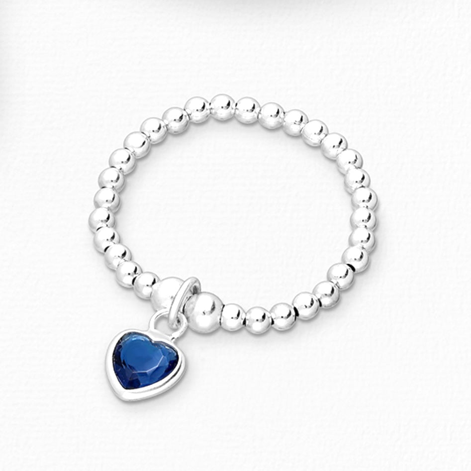 Sterling Silver Adjustable Ball and Heart Ring, Decorated with Various Colours CZ Simulated Diamond