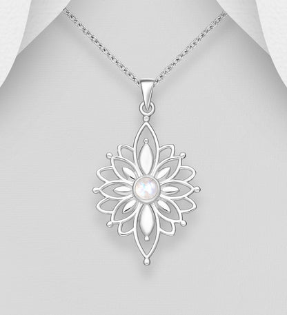 A 925 sterling silver pendant necklace featuring a floral design with a central moonstone, displayed on a mannequin.