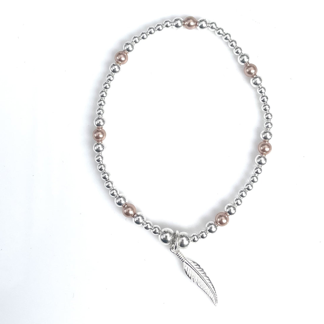 Moa – Bibie™ Sterling Silver Beaded Bracelet with Feather Charm & Rose Gold Accents