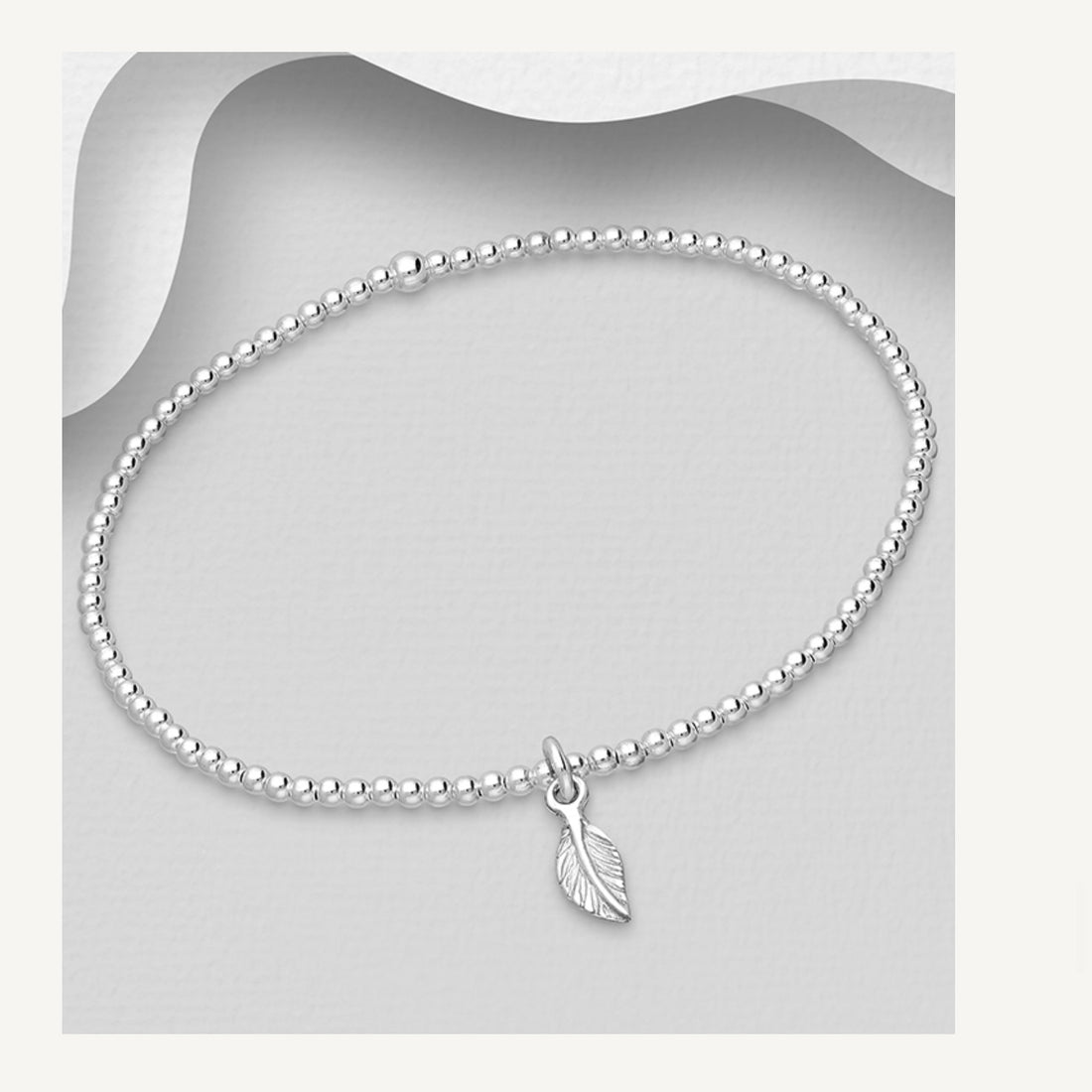 Sarah – Bibie™ Sterling Silver 2.5mm Beaded Bracelet with Textured Leaf Charm