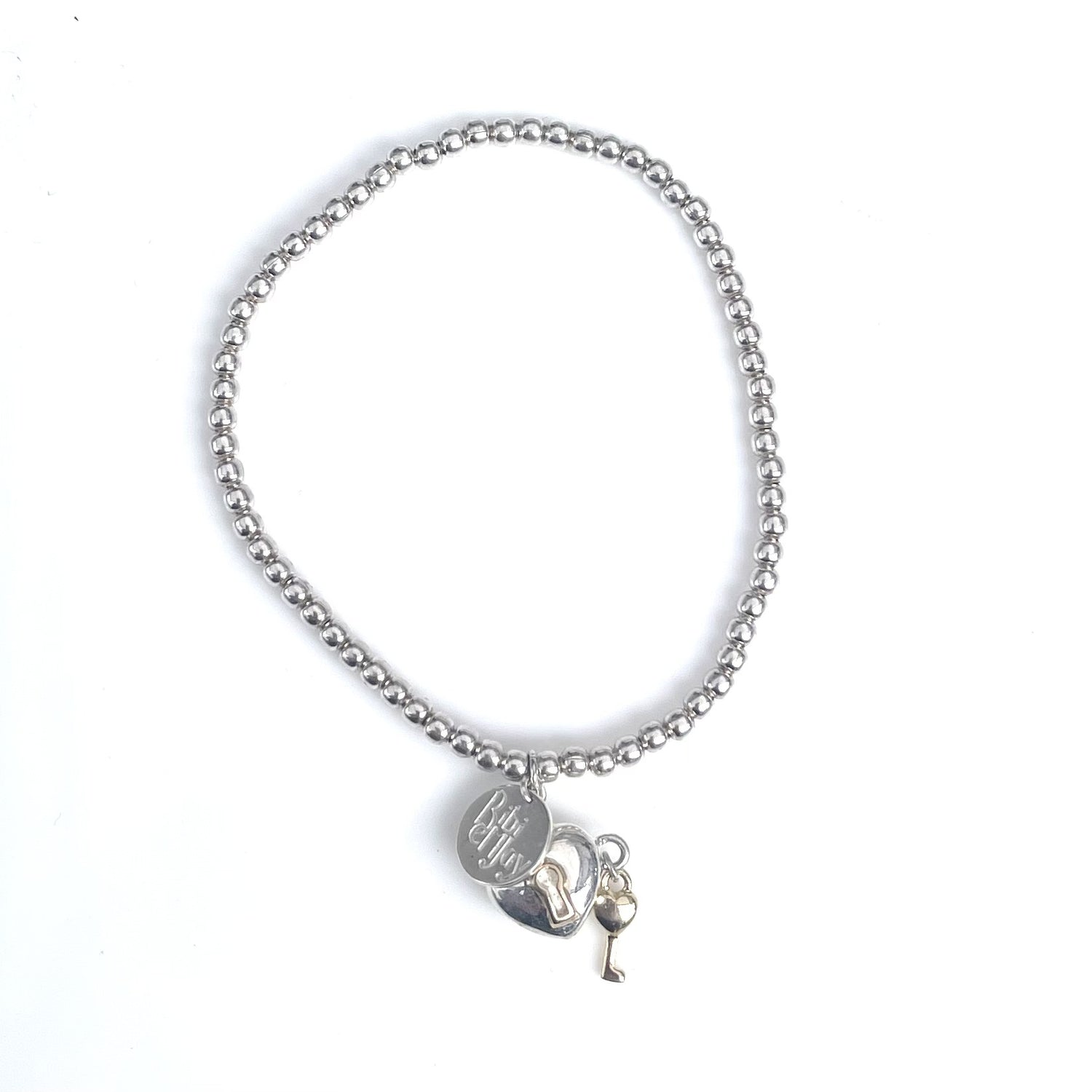 Nora – Bibie™ Sterling Silver Heart with Lock &amp; Key Beaded Bracelet