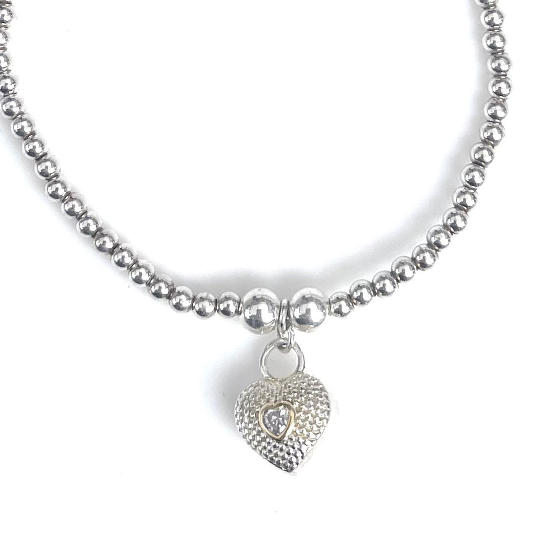 Zoey – Bibie™ Sterling Silver Beaded Bracelet with Textured Heart & Gold Inlay Charm