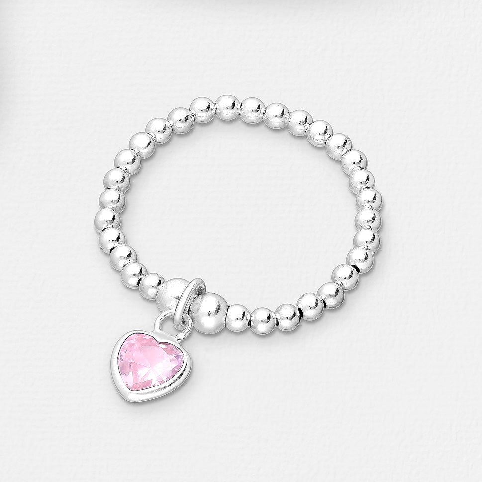 Sterling Silver Adjustable Ball and Heart Ring, Decorated with Various Colours CZ Simulated Diamond