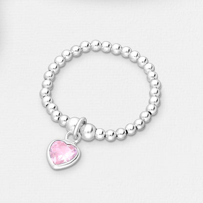 Sterling Silver Adjustable Ball and Heart Ring, Decorated with Various Colours CZ Simulated Diamond