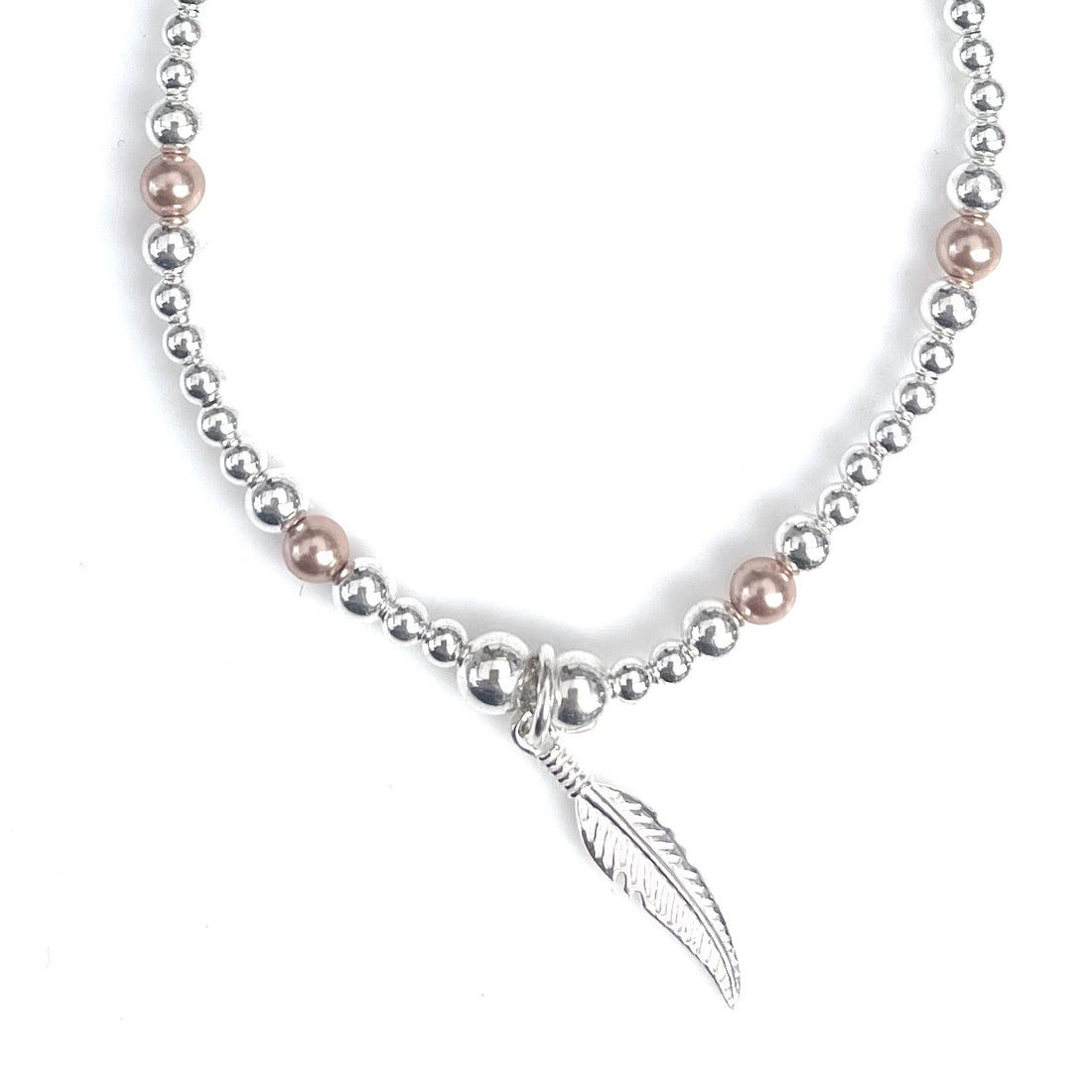 Moa – Bibie™ Sterling Silver Beaded Bracelet with Feather Charm & Rose Gold Accents