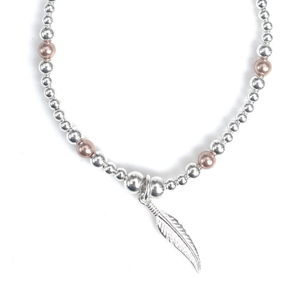 Moa – Bibie™ Sterling Silver Beaded Bracelet with Feather Charm &amp; Rose Gold Accents