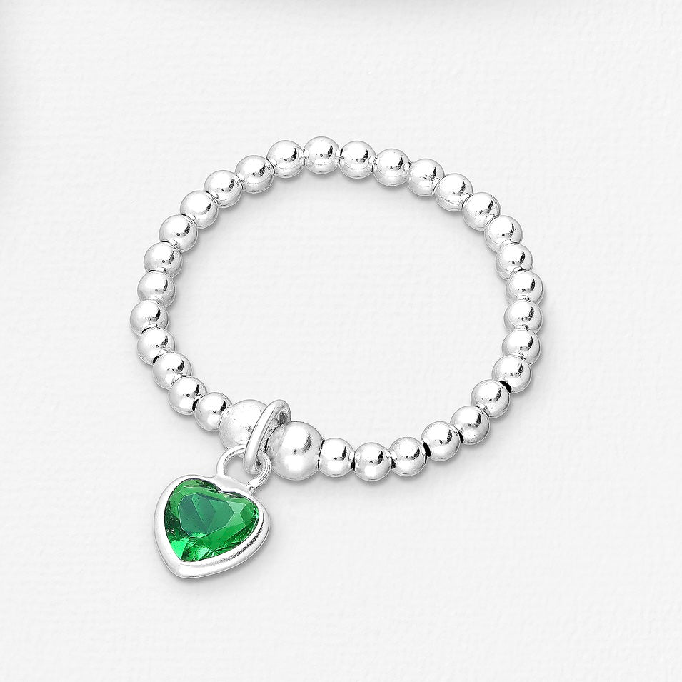 Sterling Silver Adjustable Ball and Heart Ring, Decorated with Various Colours CZ Simulated Diamond