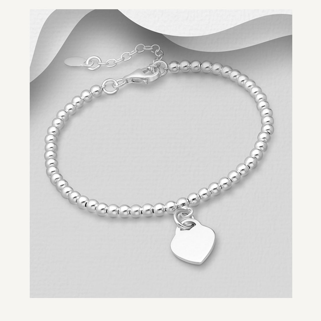 Sandy – Bibie™ Sterling Silver 3mm Beaded Bracelet with Engravable Heart Charm