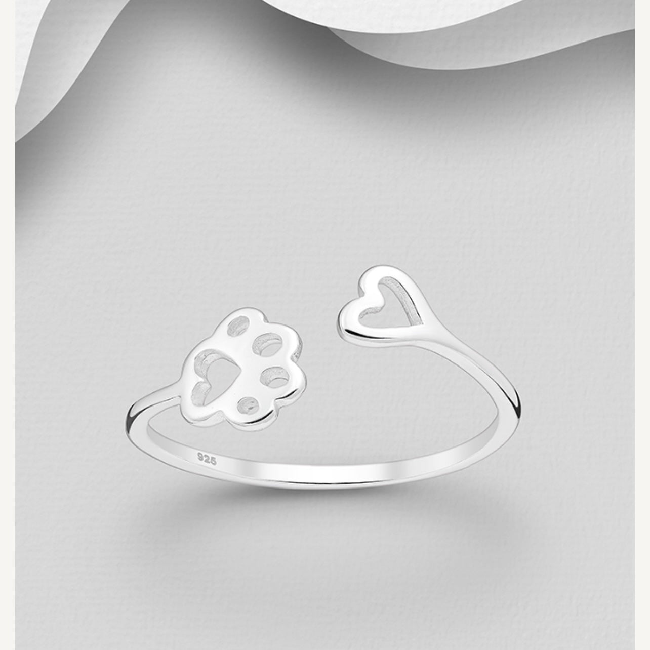 Mindy – Bibie™ Sterling Silver Paw Print &amp; Open Heart Adjustable Ring